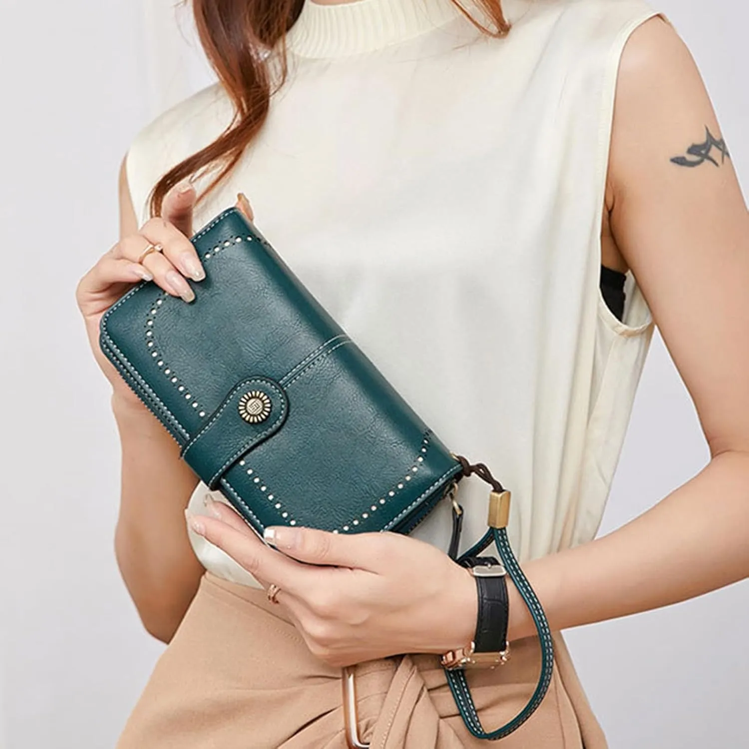 Rfid Wallet Women, Leather Wallet Wristlet, Large Capacity Bifold Rfid Blocking Zip Around Clutch Purses Credit Card Wallet