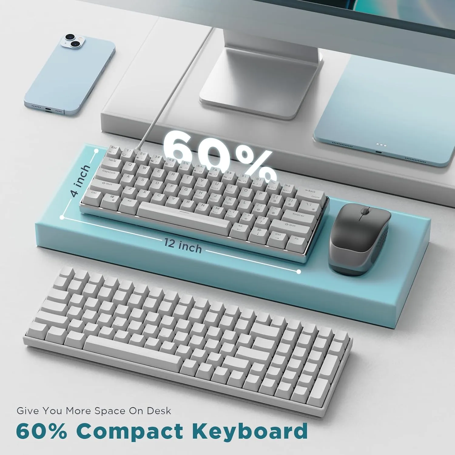 RK ROYAL KLUDGE 60% Mechanical Keyboard RK61 CNC, Wired Gaming Keyboard Aluminum Frame, Programmable RGB Backlit 61 Keys Ultra-Compact, Hot Swappable Gateron Red Switch, White
