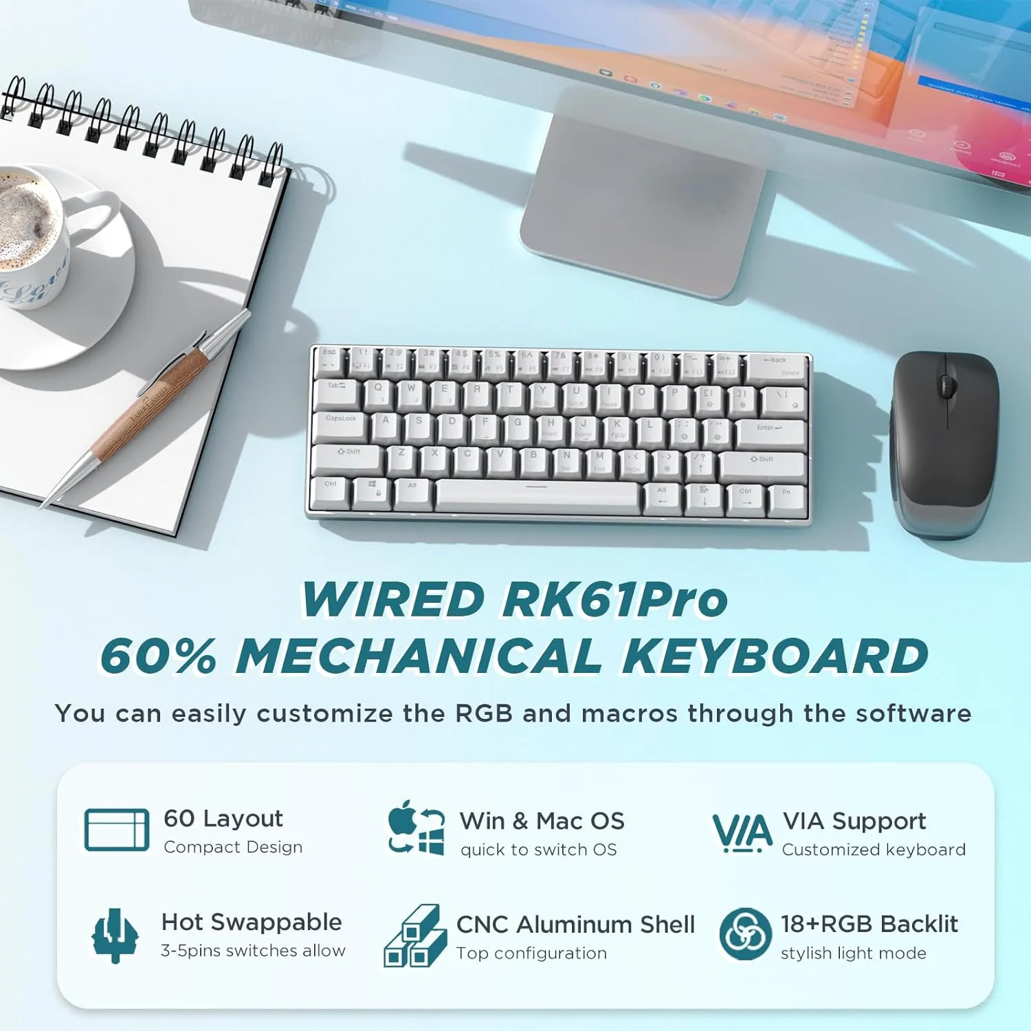 RK ROYAL KLUDGE 60% Mechanical Keyboard RK61 CNC, Wired Gaming Keyboard Aluminum Frame, Programmable RGB Backlit 61 Keys Ultra-Compact, Hot Swappable Gateron Red Switch, White