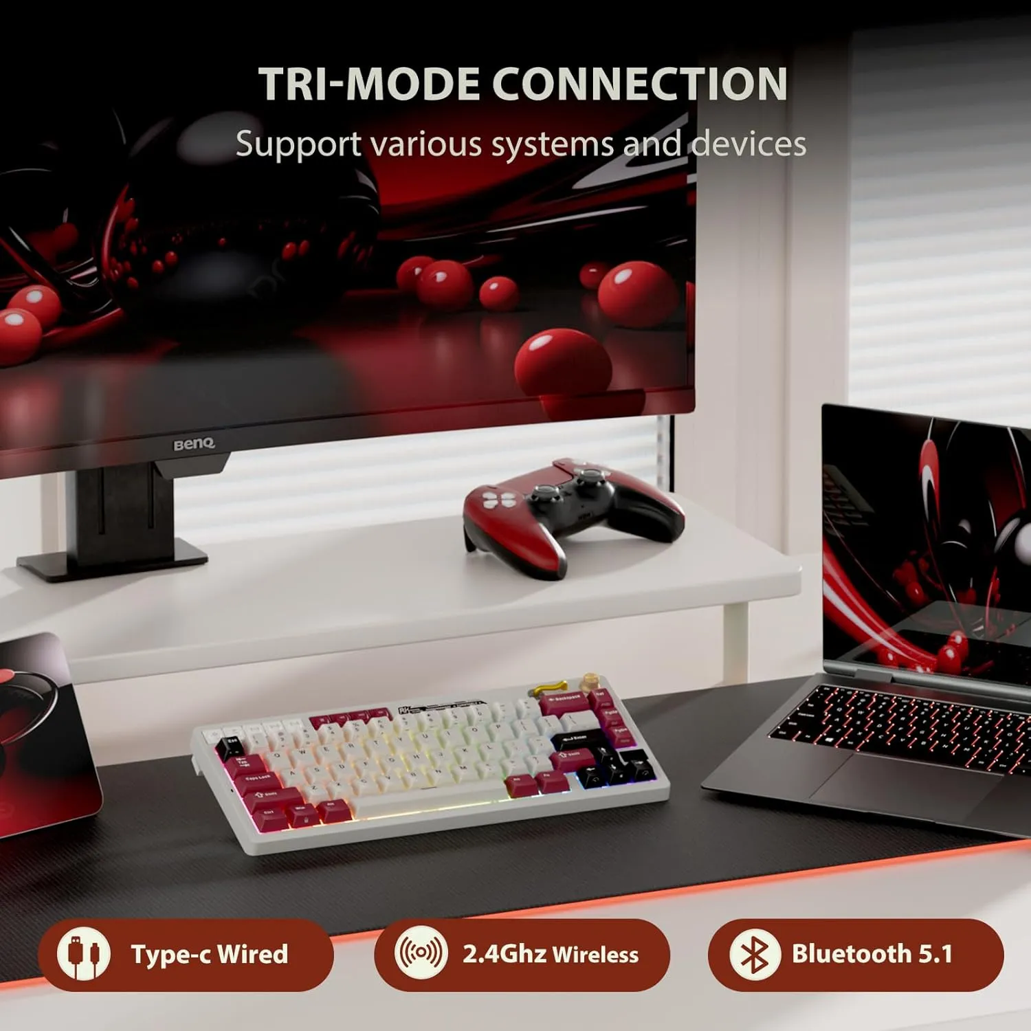 RK ROYAL KLUDGE M65 Wireless Mechanical Keyboard with Volume Knob, 60% Tri-Mode Gaming Keyboard 2.4G/BT/USB-C, Gasket Mount, Battery Display, PBT Keycaps, Hot-Swappable Cream Switch, White