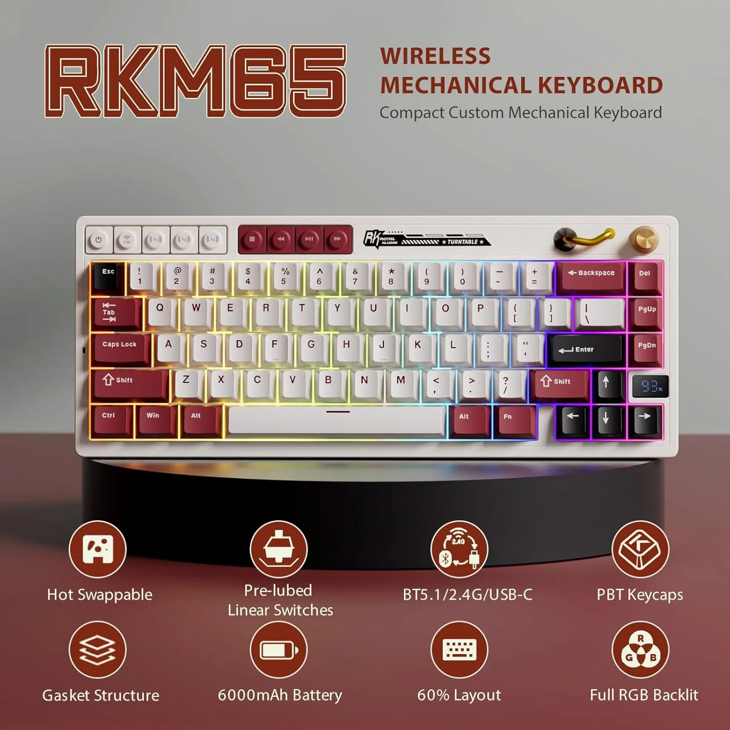 RK ROYAL KLUDGE M65 Wireless Mechanical Keyboard with Volume Knob, 60% Tri-Mode Gaming Keyboard 2.4G/BT/USB-C, Gasket Mount, Battery Display, PBT Keycaps, Hot-Swappable Cream Switch, White