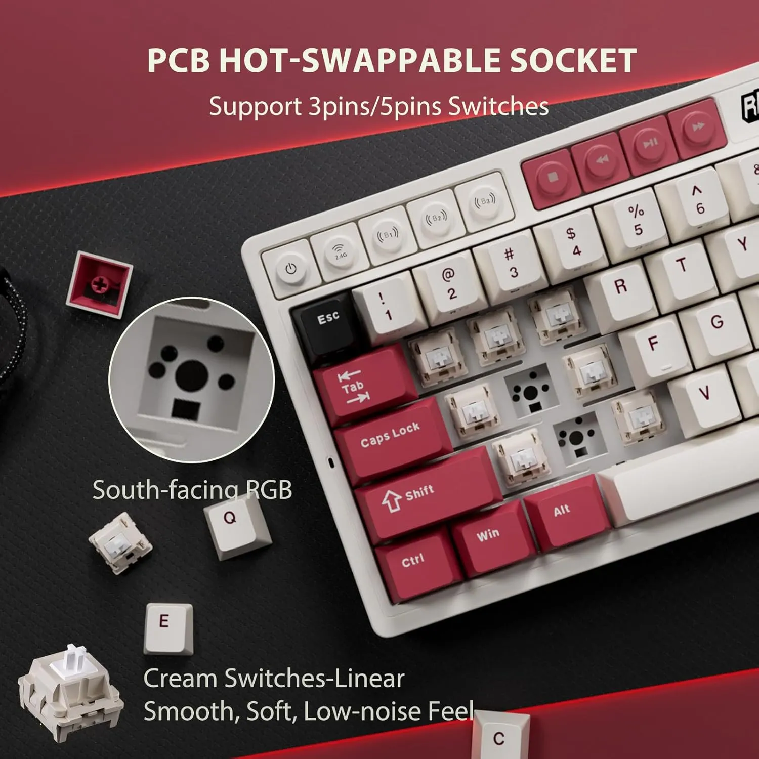 RK ROYAL KLUDGE M65 Wireless Mechanical Keyboard with Volume Knob, 60% Tri-Mode Gaming Keyboard 2.4G/BT/USB-C, Gasket Mount, Battery Display, PBT Keycaps, Hot-Swappable Cream Switch, White