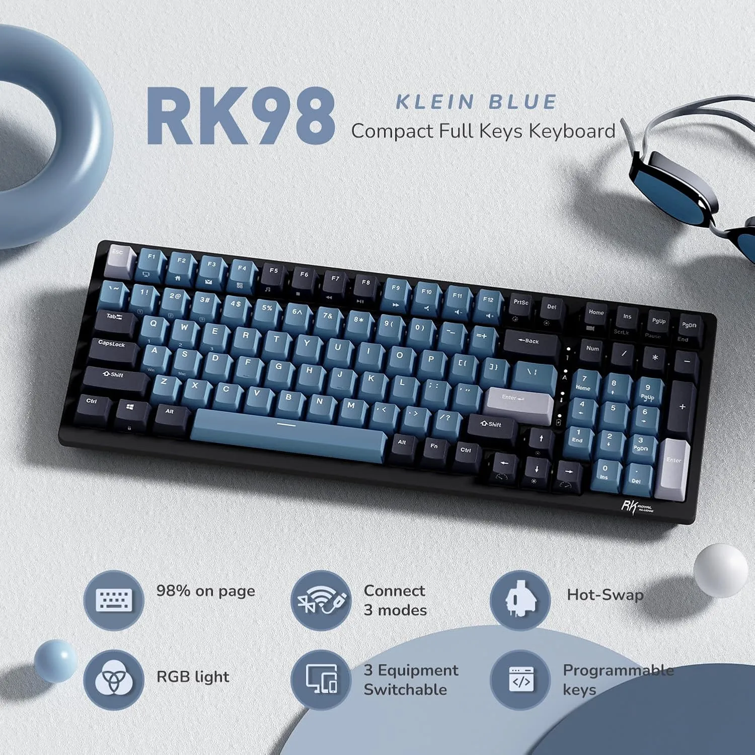 RK ROYAL KLUDGE RK98 Wireless Mechanical Keyboard, Triple Mode 2.4G/BT5.1/USB-C Hot Swappable Keyboard with Number Pad, Pre-lubed Clicky Switches RGB Backlit Gaming Keyboard, Software Support