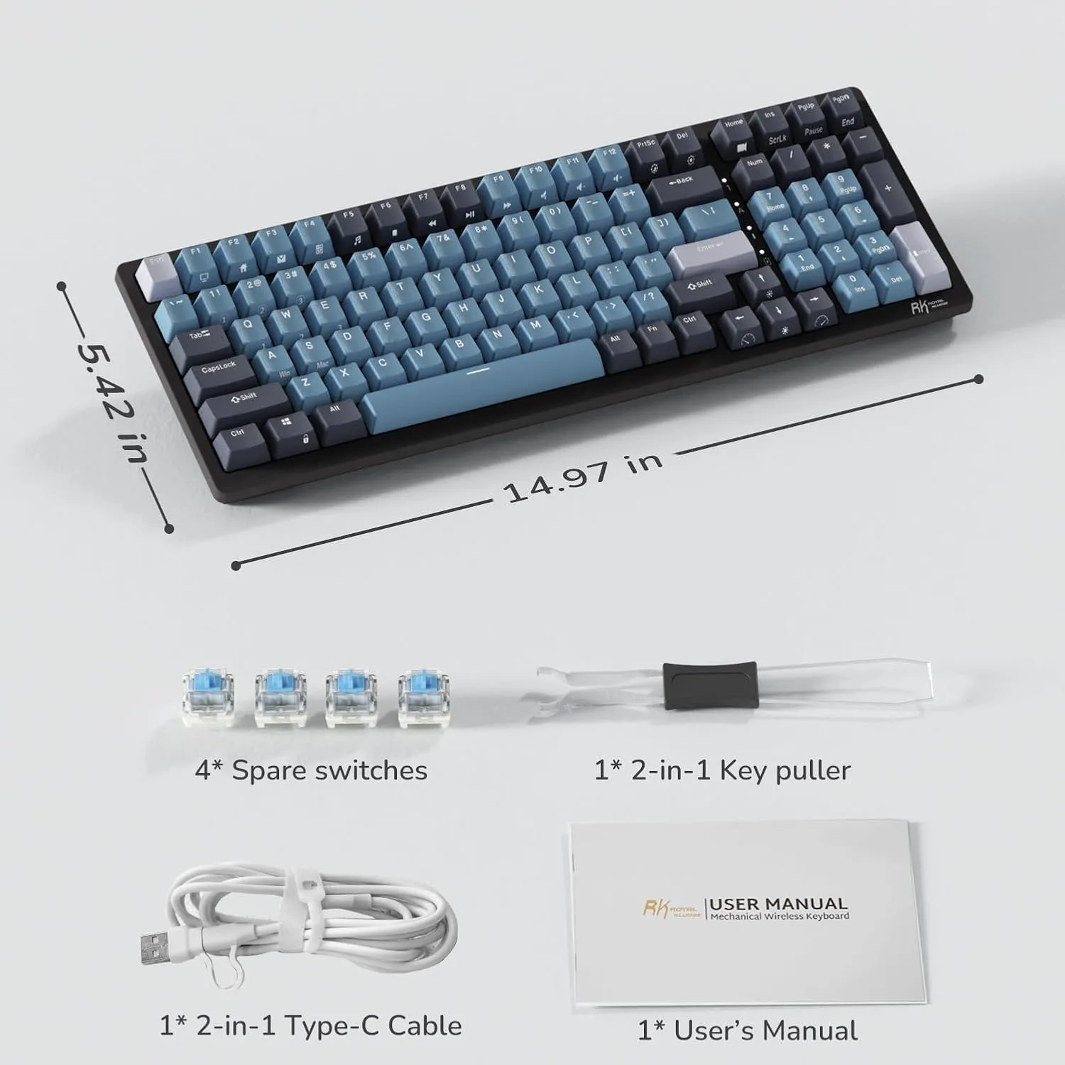 RK ROYAL KLUDGE RK98 Wireless Mechanical Keyboard, Triple Mode 2.4G/BT5.1/USB-C Hot Swappable Keyboard with Number Pad, Pre-lubed Clicky Switches RGB Backlit Gaming Keyboard, Software Support