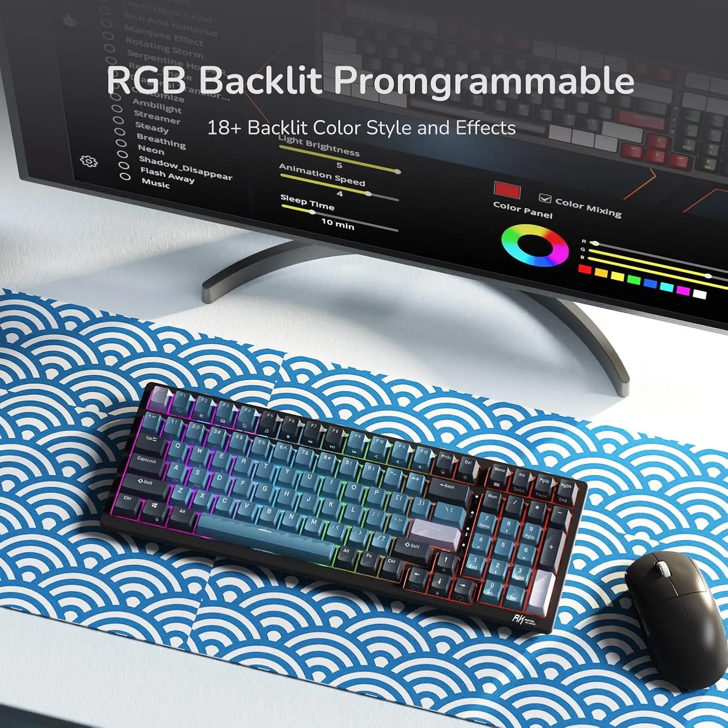 RK ROYAL KLUDGE RK98 Wireless Mechanical Keyboard, Triple Mode 2.4G/BT5.1/USB-C Hot Swappable Keyboard with Number Pad, Pre-lubed Clicky Switches RGB Backlit Gaming Keyboard, Software Support