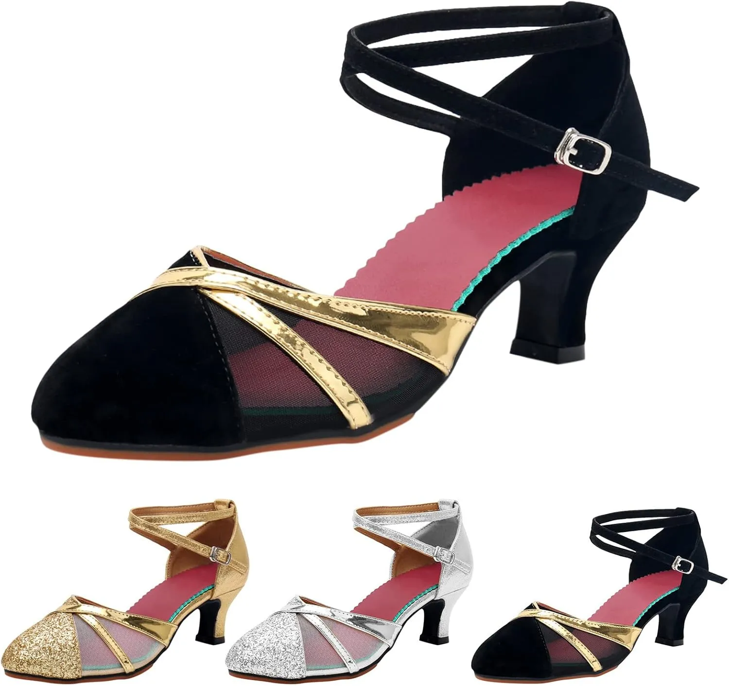 Sandals for Womens Latin Dance Shoes Mesh Rhinestone Heeled Ballroom Salsa Tango Party Sequin Dance Shoes Sandals for Women Dressy Heel (Black, 6.5)