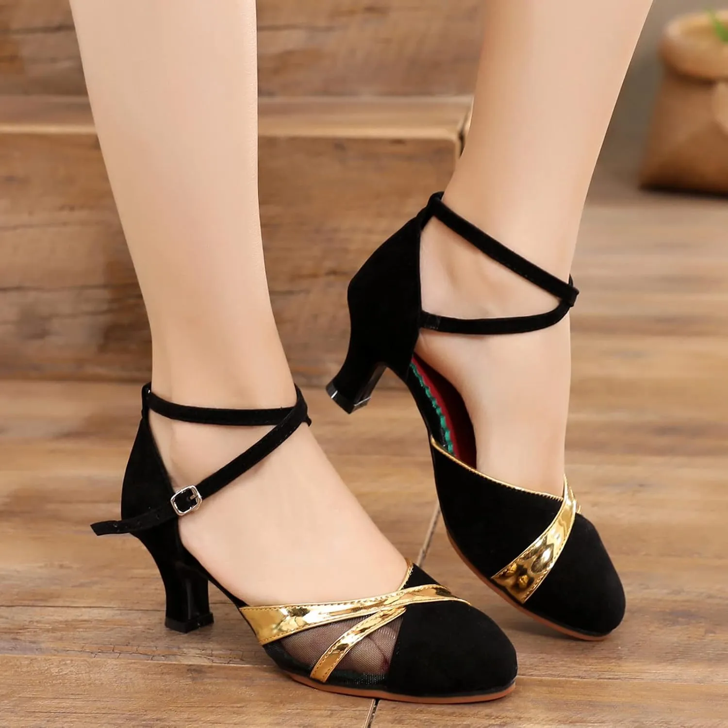 Sandals for Womens Latin Dance Shoes Mesh Rhinestone Heeled Ballroom Salsa Tango Party Sequin Dance Shoes Wedge Sandals for Women Size 8.5 (Black, 8.5)