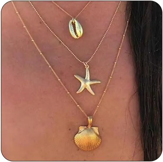 Shell Necklace Gold Seashell Starfish Charm Stack Layered Beach Dainty Pendant Jewelry Gift
