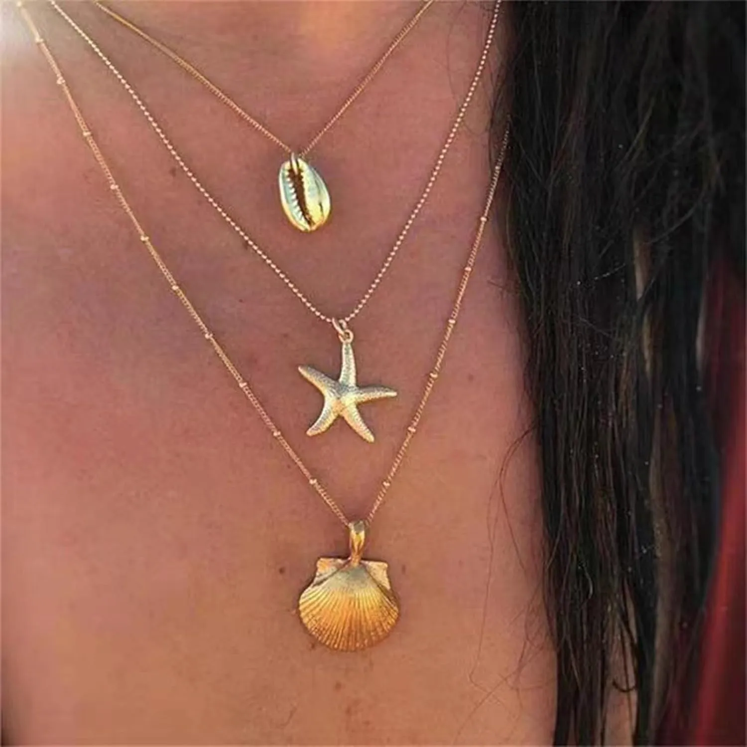 Shell Necklace Gold Seashell Starfish Charm Stack Layered Beach Dainty Pendant Jewelry Gift