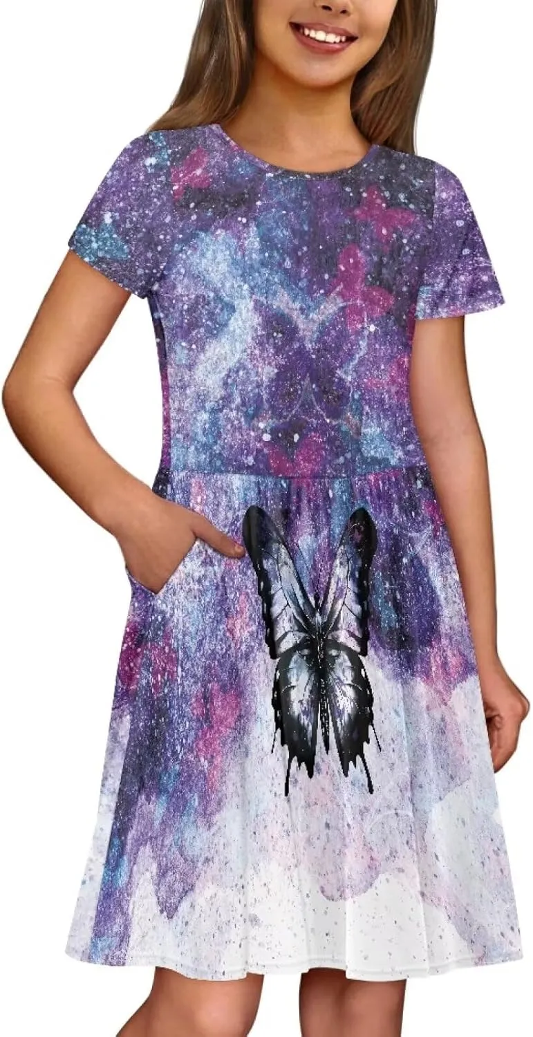 Short Sleeve Children's Dress Summer Dress for Teen Girls with Pocket Round Neckline