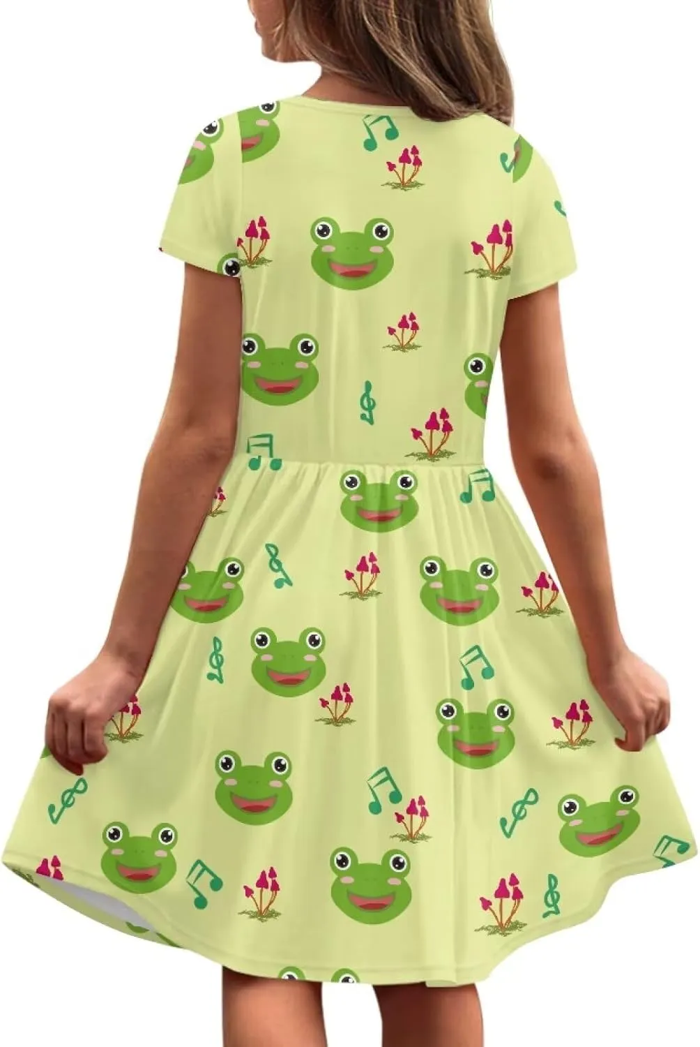 Short Sleeve Children's Dress Summer Dress for Teen Girls with Pocket Round Neckline