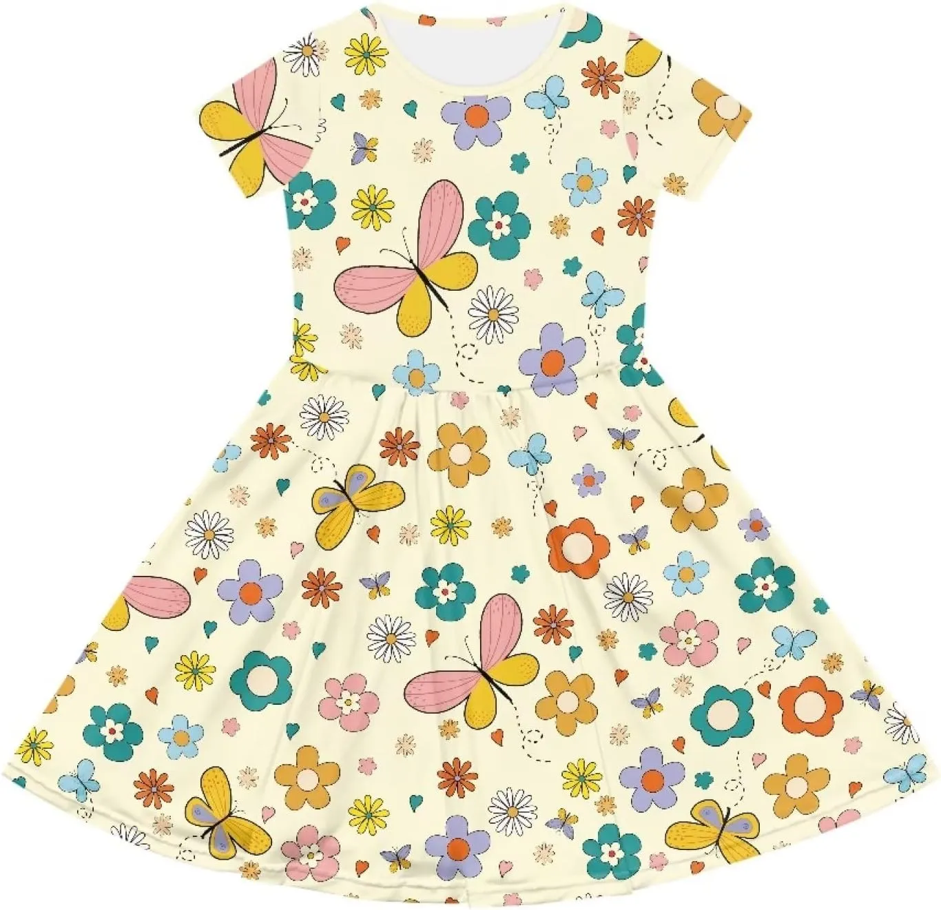 Short Sleeve Children's Dress Summer Dress for Teen Girls with Pocket Round Neckline