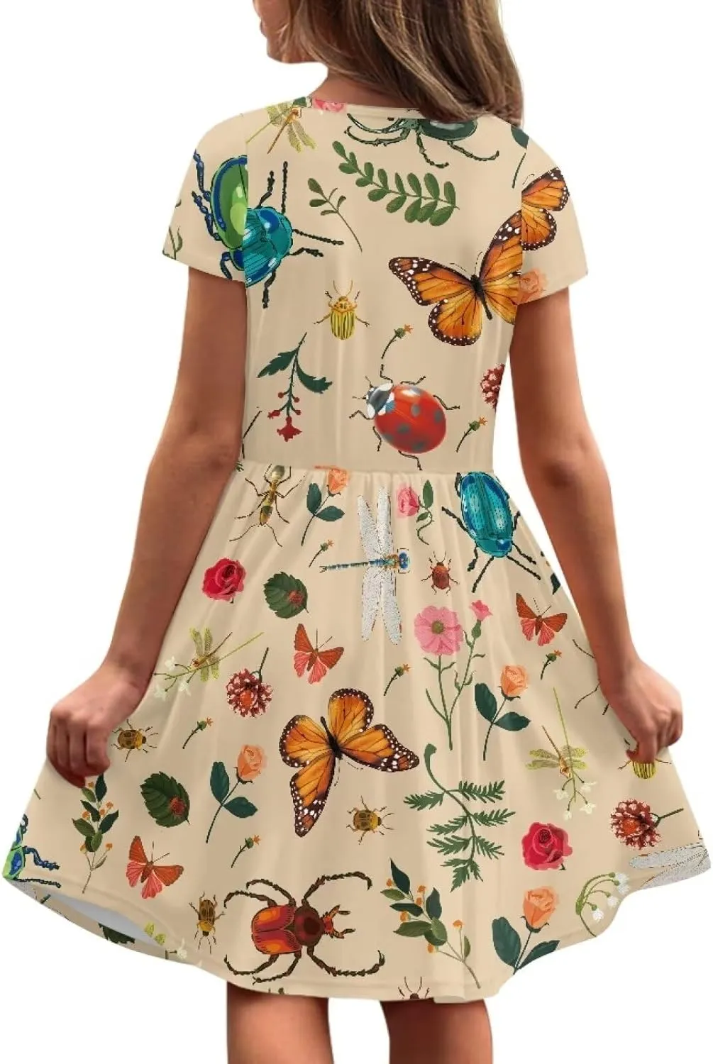 Short Sleeve Children's Dress Summer Dress for Teen Girls with Pocket Round Neckline
