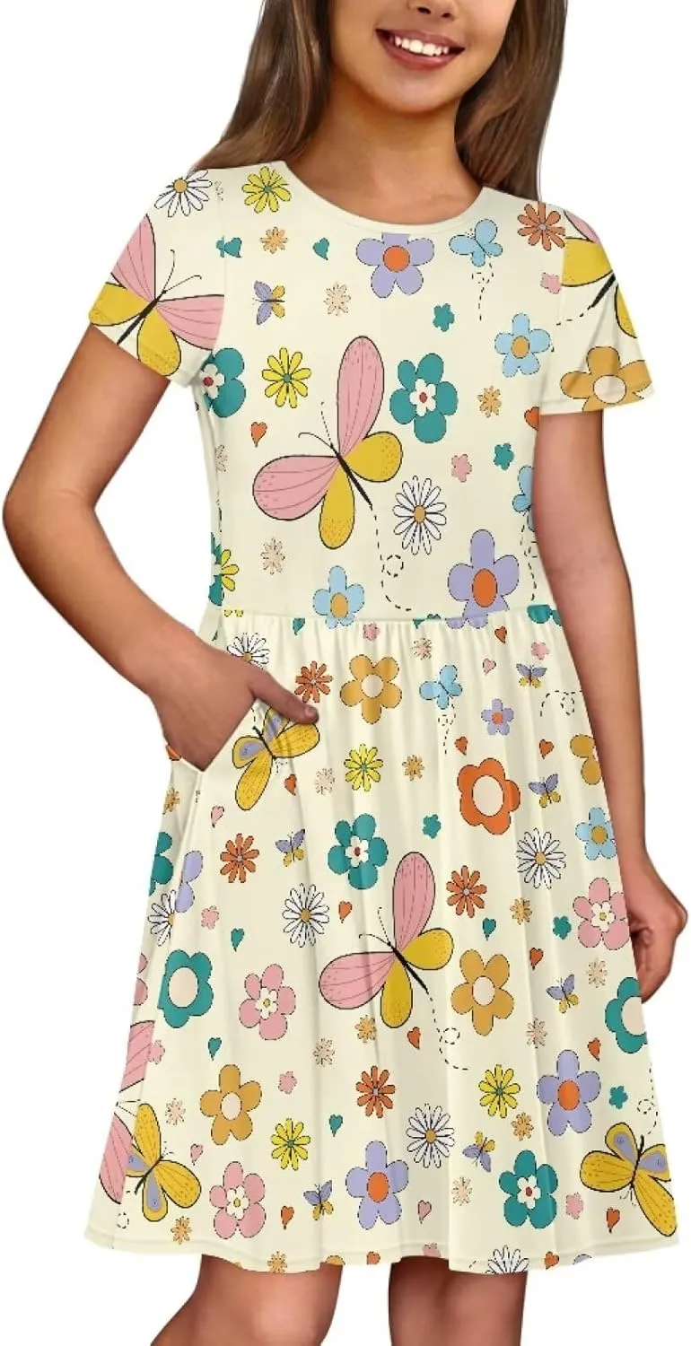 Short Sleeve Children's Dress Summer Dress for Teen Girls with Pocket Round Neckline