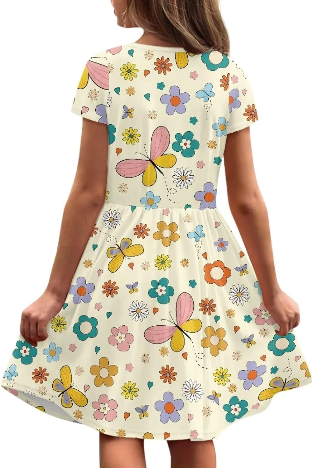 Short Sleeve Children's Dress Summer Dress for Teen Girls with Pocket Round Neckline