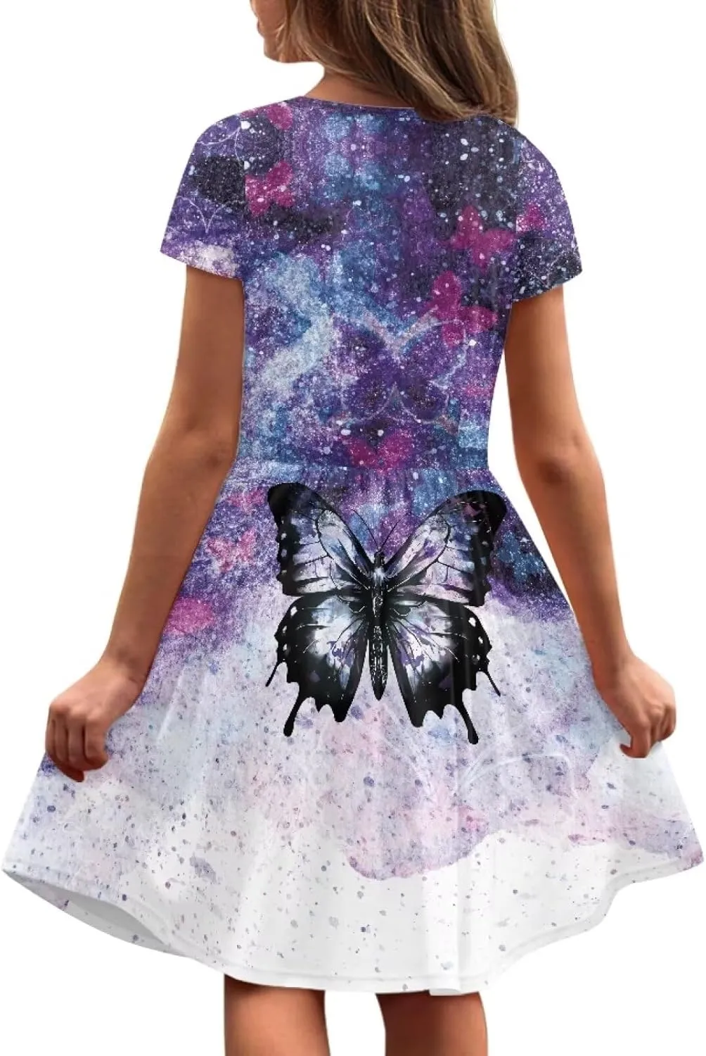Short Sleeve Children's Dress Summer Dress for Teen Girls with Pocket Round Neckline