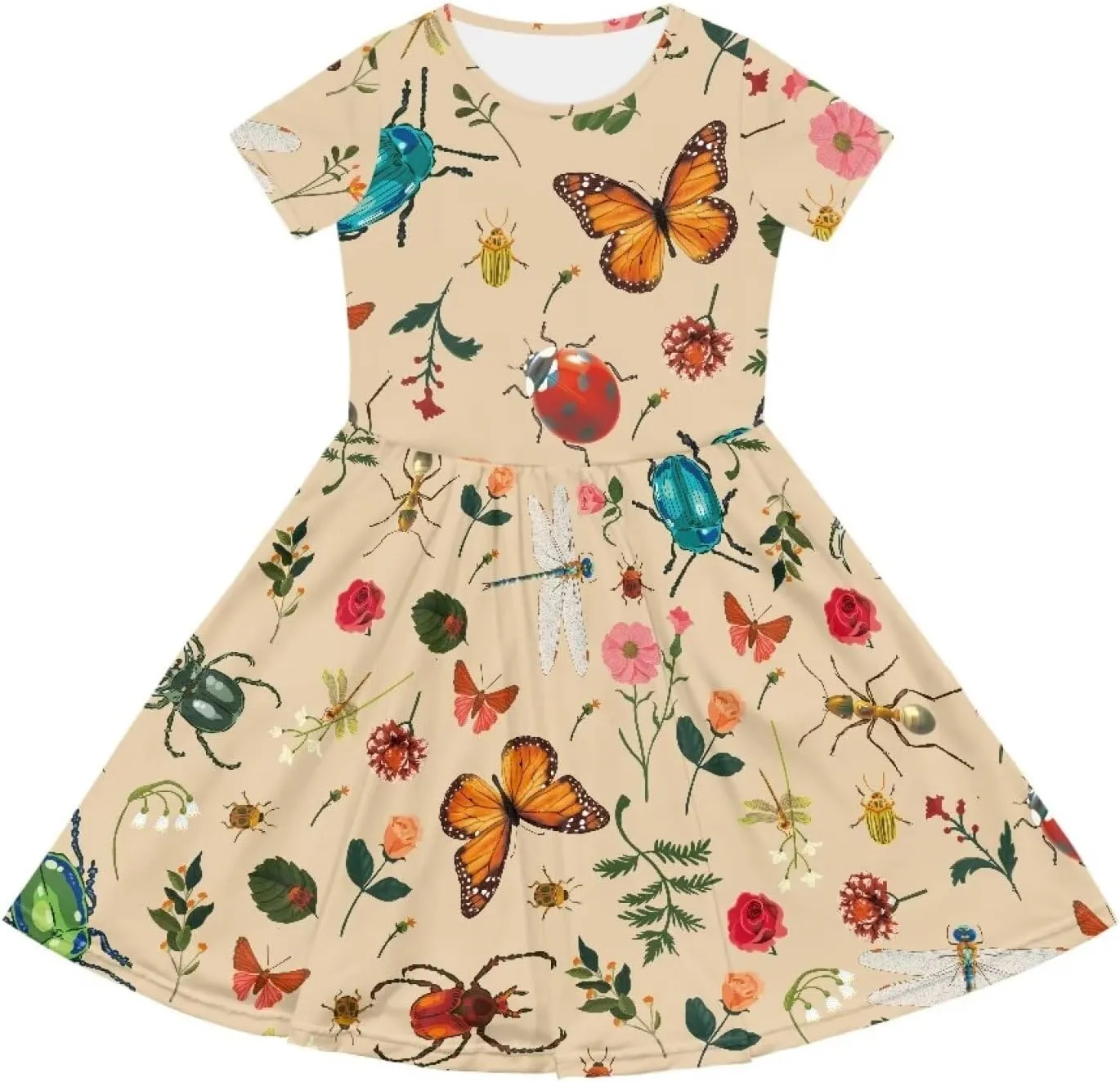 Short Sleeve Children's Dress Summer Dress for Teen Girls with Pocket Round Neckline