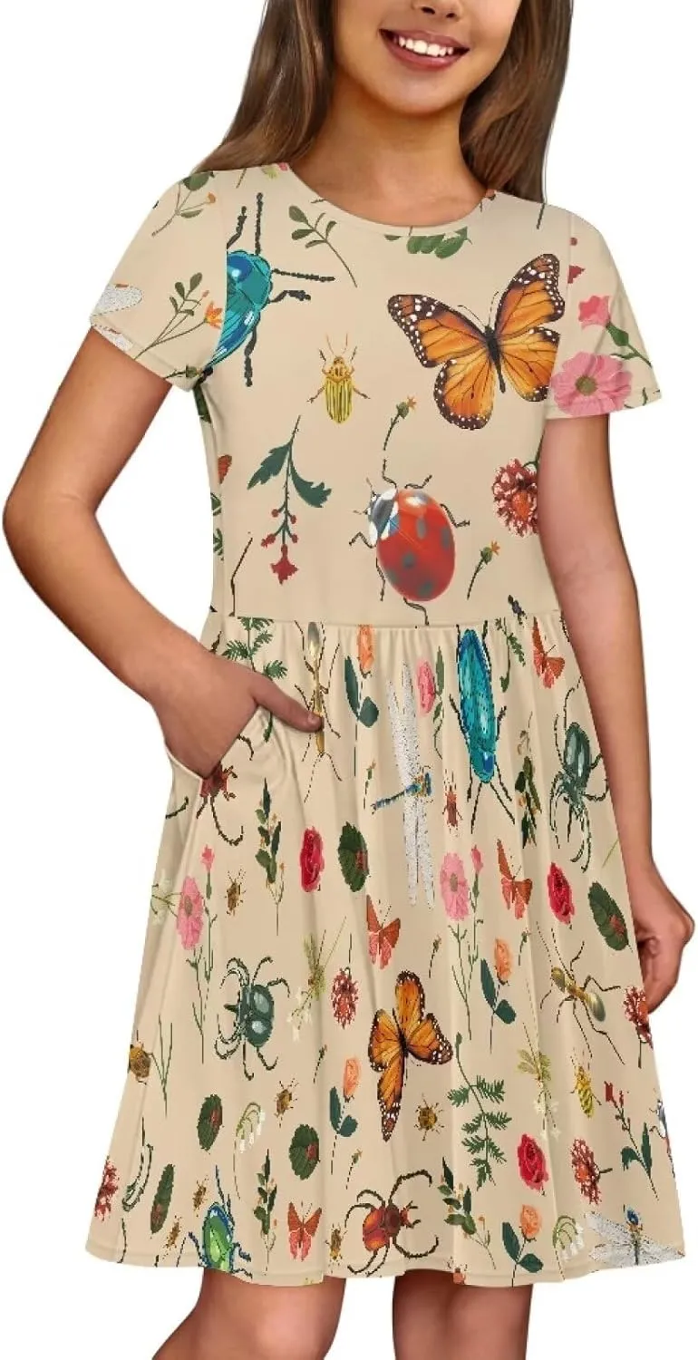 Short Sleeve Children's Dress Summer Dress for Teen Girls with Pocket Round Neckline