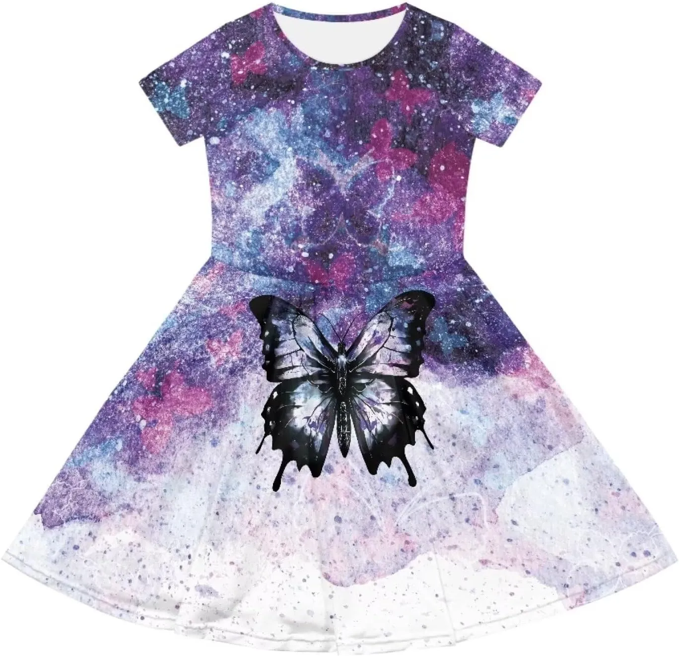 Short Sleeve Children's Dress Summer Dress for Teen Girls with Pocket Round Neckline