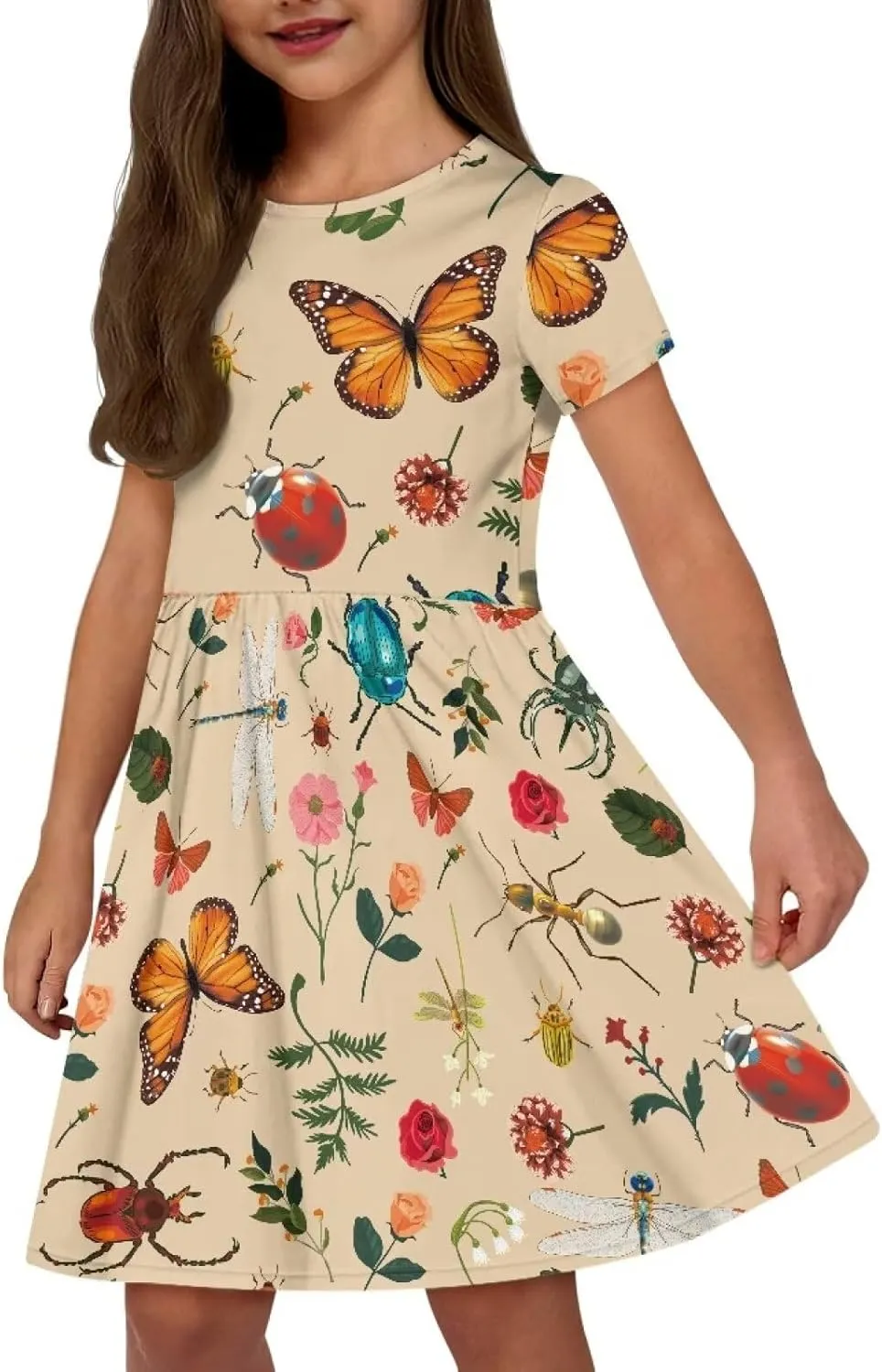 Short Sleeve Children's Dress Summer Dress for Teen Girls with Pocket Round Neckline