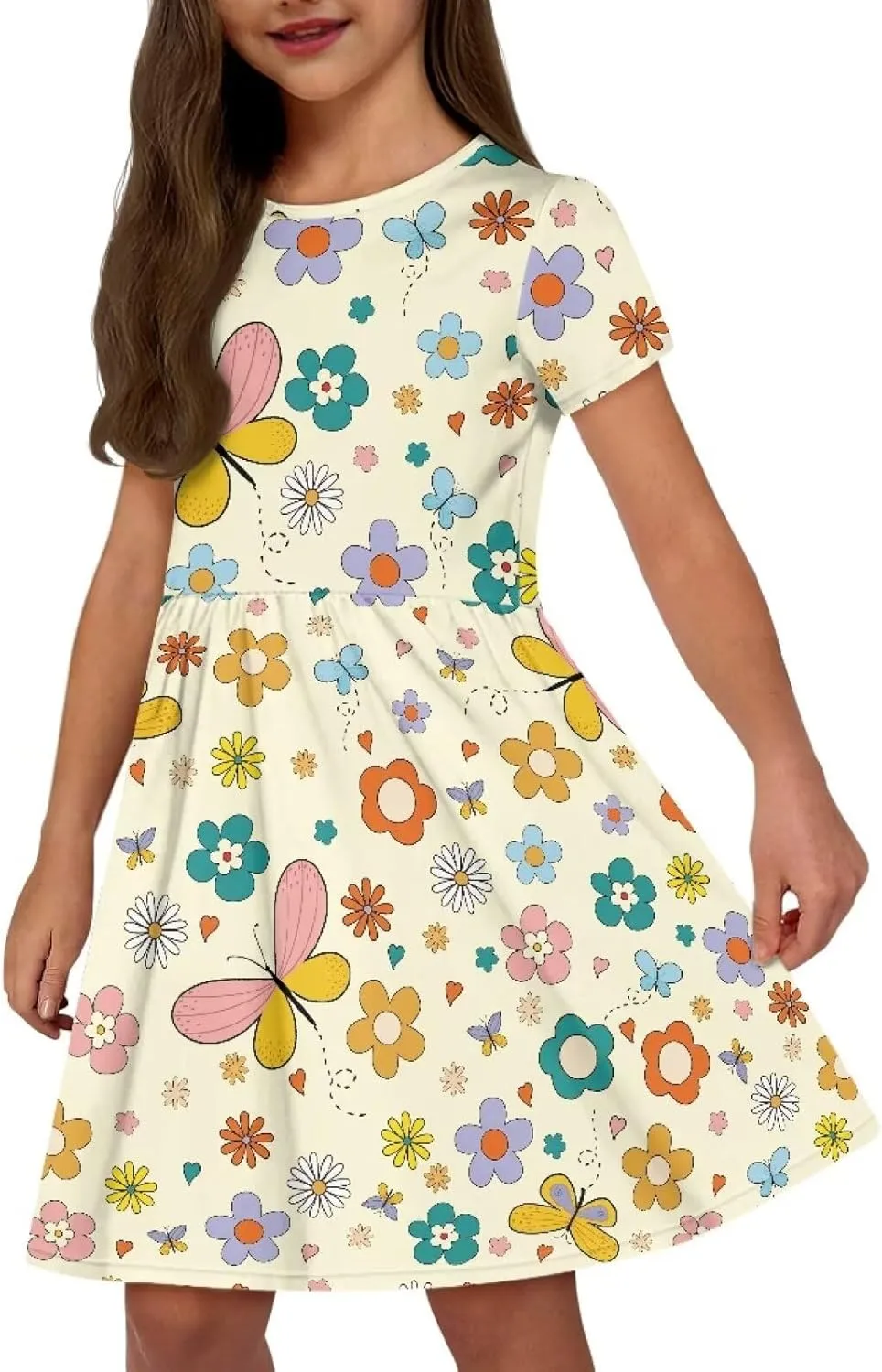 Short Sleeve Children's Dress Summer Dress for Teen Girls with Pocket Round Neckline