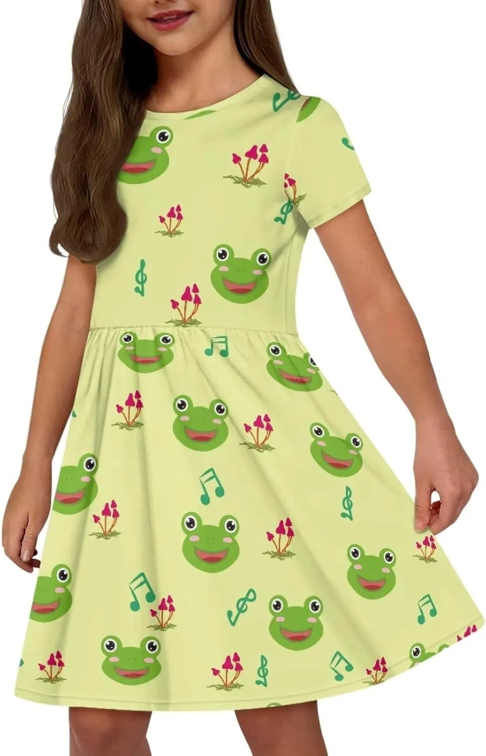 Short Sleeve Children's Dress Summer Dress for Teen Girls with Pocket Round Neckline