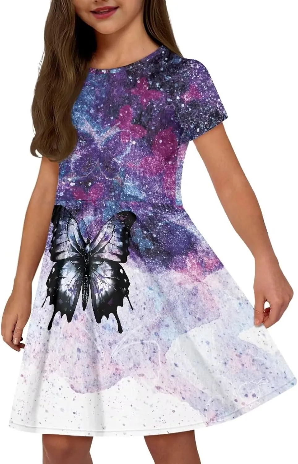 Short Sleeve Children's Dress Summer Dress for Teen Girls with Pocket Round Neckline