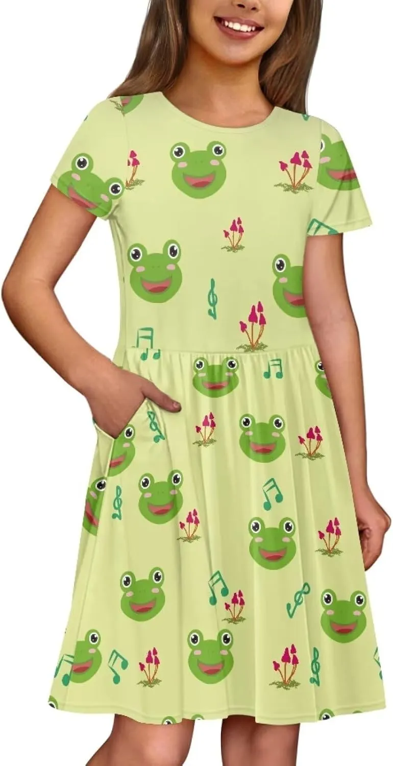Short Sleeve Children's Dress Summer Dress for Teen Girls with Pocket Round Neckline