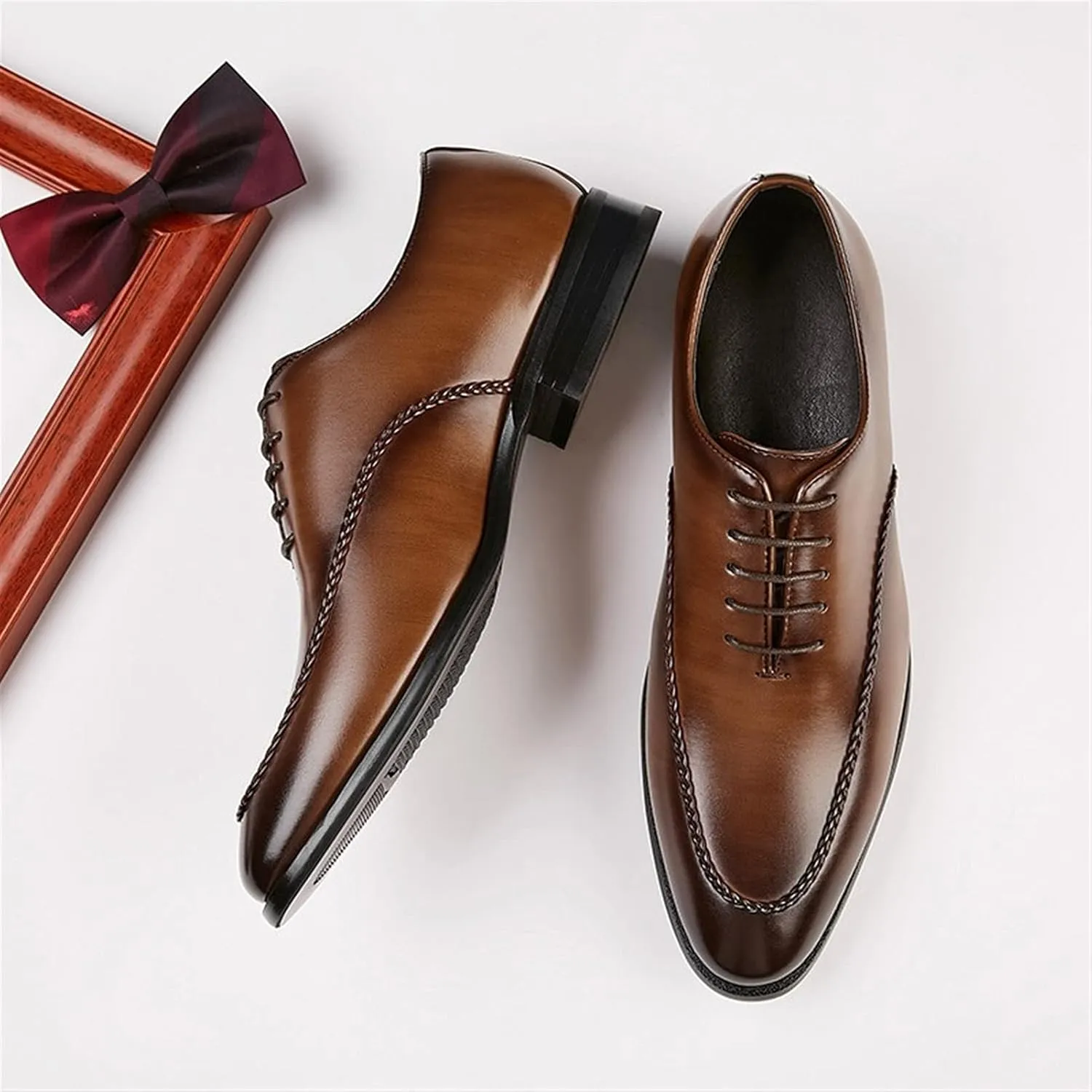 Single Season Oxford Formal Shoes for Men Lace Up Apron Toe Burnished Toe Shoes Vegan Leather Rubber Sole Block Heel Non Slip Wedding Very Popular Among Young People