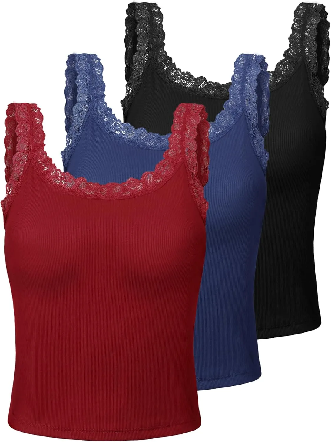 Sintege 3 Pcs Women's Lace Patchwork Tank Top Lace Camisole Tank Sleeveless Cami Crop Lacework Trim Y2k Tops