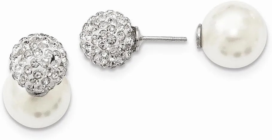 Solid 925 Sterling Silver 10-11mm and12-13mm Imitation Shell Pearl White/CZ Cubic Zirconia Earrings Earrings mm