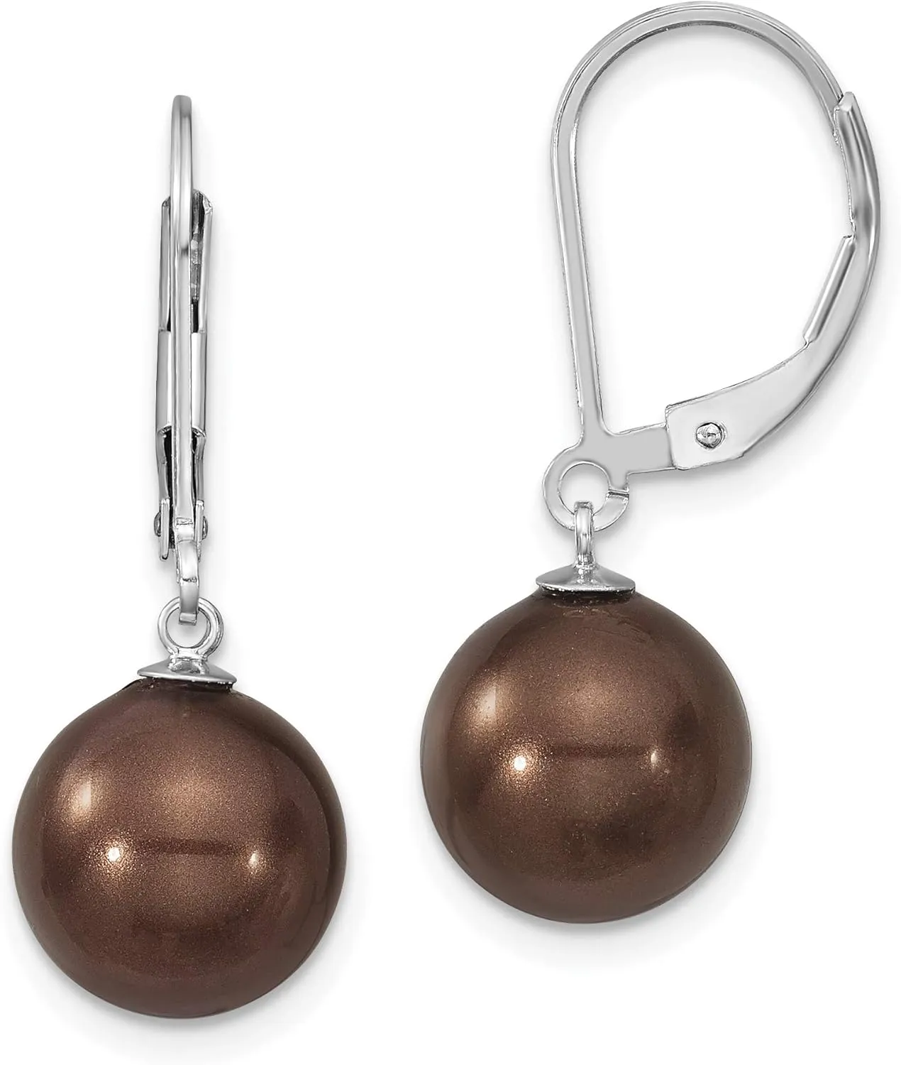 Solid 925 Sterling Silver 10-11mm Brown Imitation Shell Pearl Leverback Earrings Earrings mm