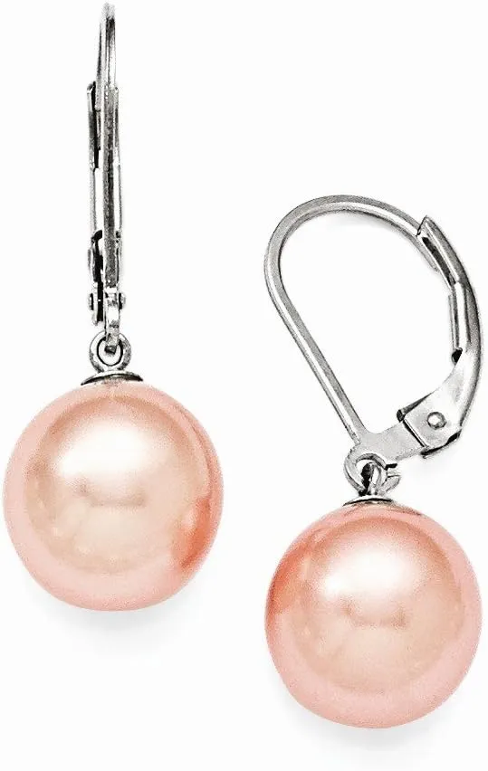 Solid 925 Sterling Silver 10-11mm Pink Imitation Shell Pearl Leverback Earring mm