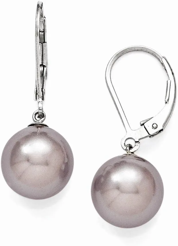 Solid 925 Sterling Silver 10-11mm Purple Imitation Shell Pearl Leverback Earring Earrings mm