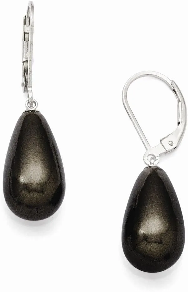 Solid 925 Sterling Silver 10x18mm Teardrop Blk Imitation Shell Pearl Earrings - 18mm x 10mm