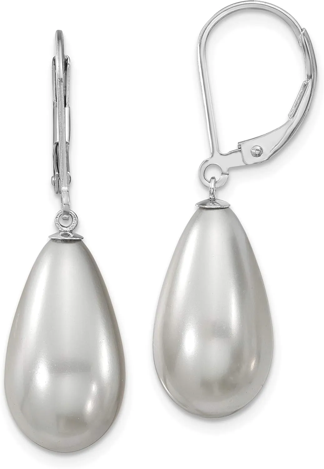 Solid 925 Sterling Silver 10x18mm Teardrop Grey Imitation Shell Pearl Earrings - 18mm x 10mm