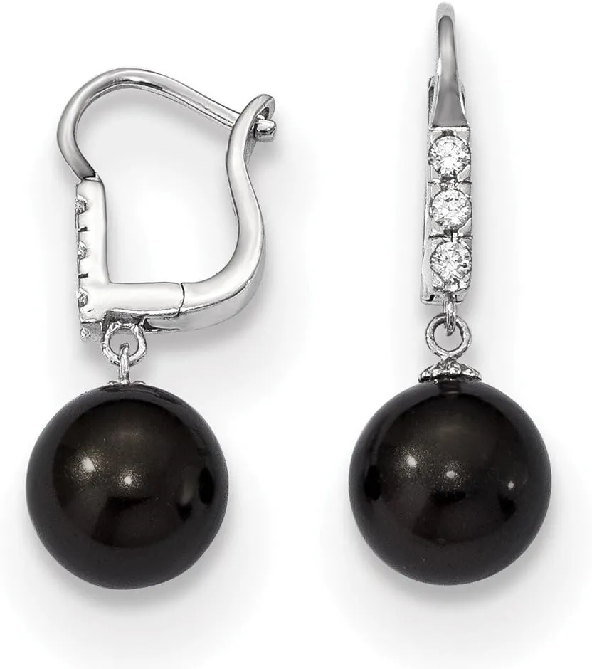Solid 925 Sterling Silver 11-12mm Blk Imitation Shell Pearl CZ Cubic Zirconia Dangle Earrings
