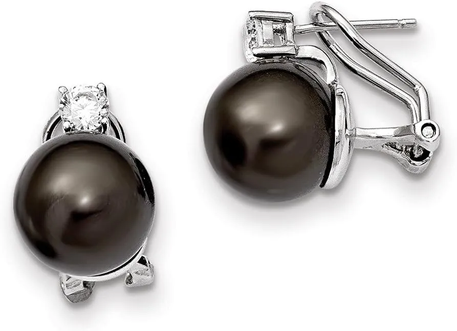 Solid 925 Sterling Silver 12-13mm Blk Imitation Shell Pearl CZ Cubic Zirconia Omega Back Earrings Earrings