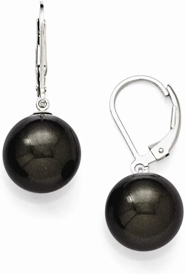 Solid 925 Sterling Silver 12-13mm Blk Imitation Shell Pearl Leverback Earrings mm