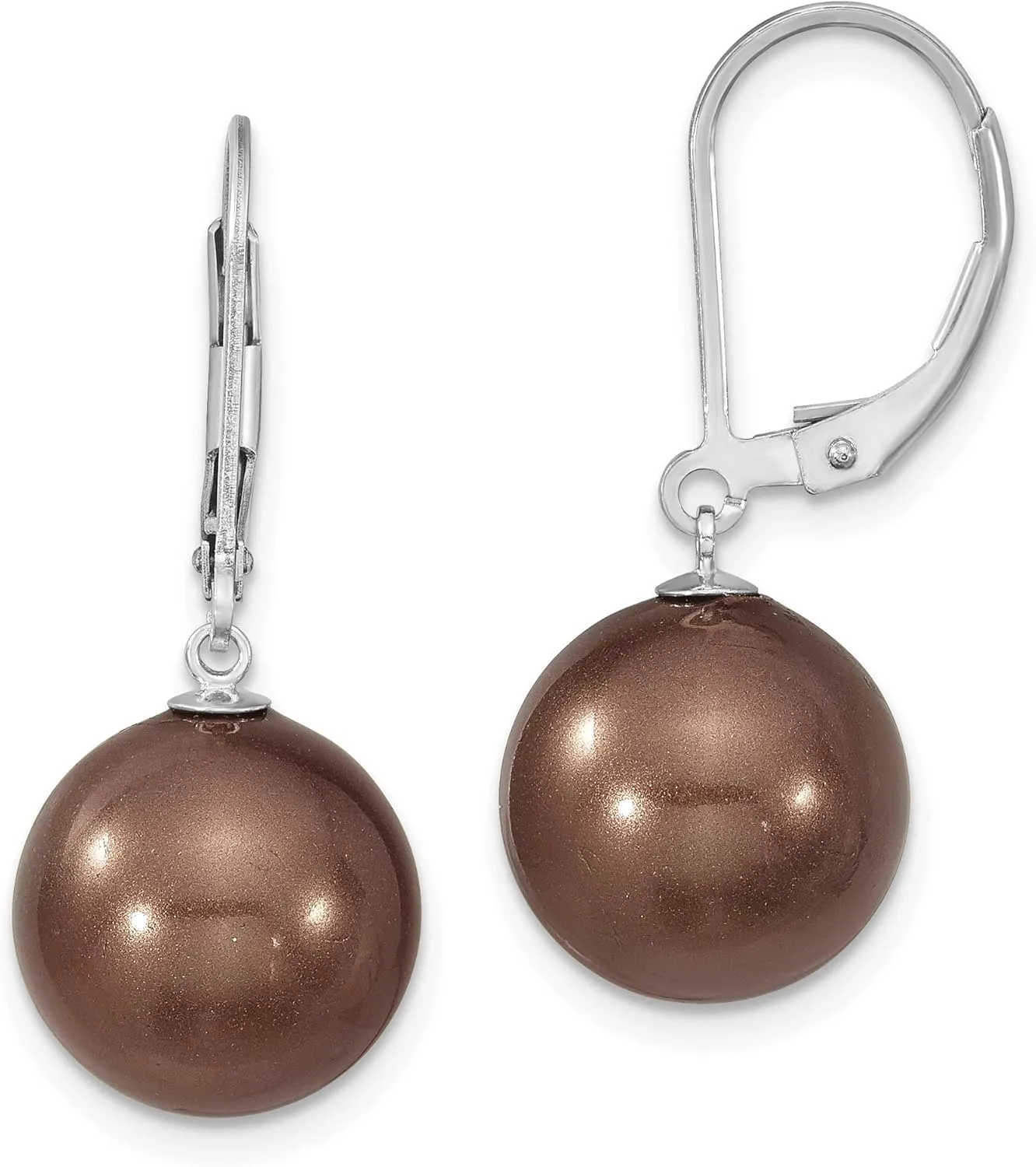 Solid 925 Sterling Silver 12-13mm Brown Imitation Shell Pearl Leverback Earrings Earrings mm