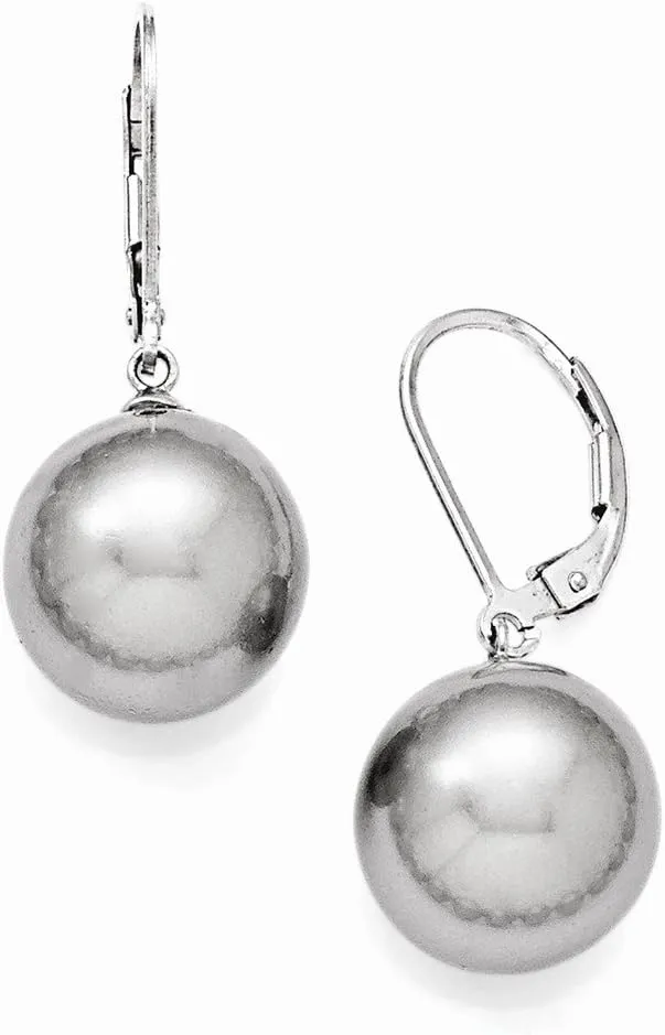 Solid 925 Sterling Silver 12-13mm Grey Imitation Shell Pearl Leverback Earring mm