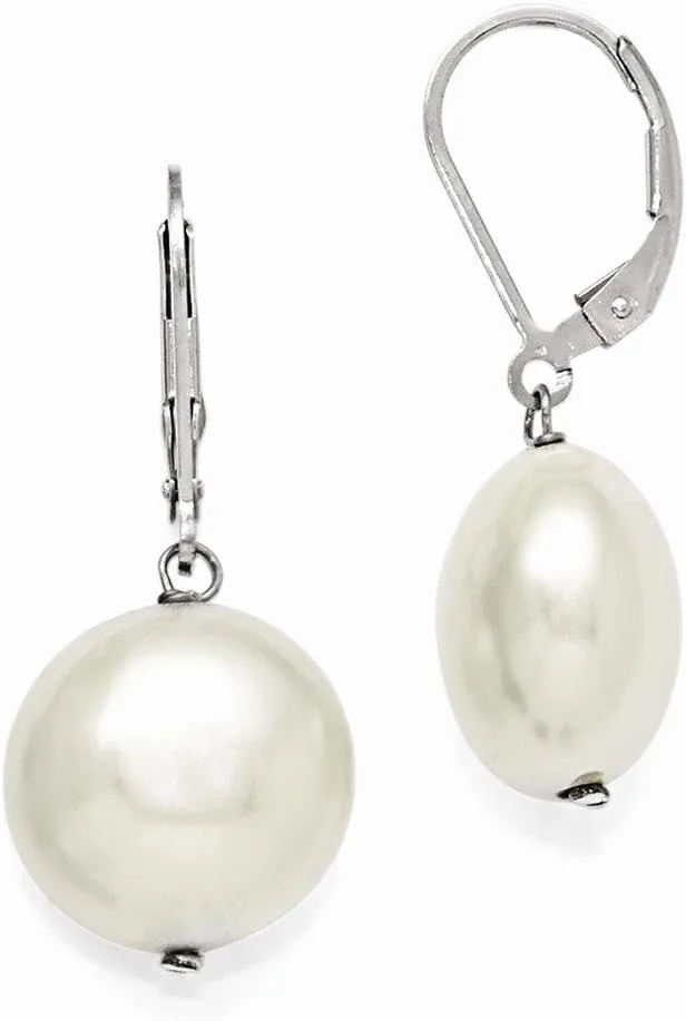 Solid 925 Sterling Silver 14-15mm Coin White Imitation Shell Pearl Leverback Ear Earrings