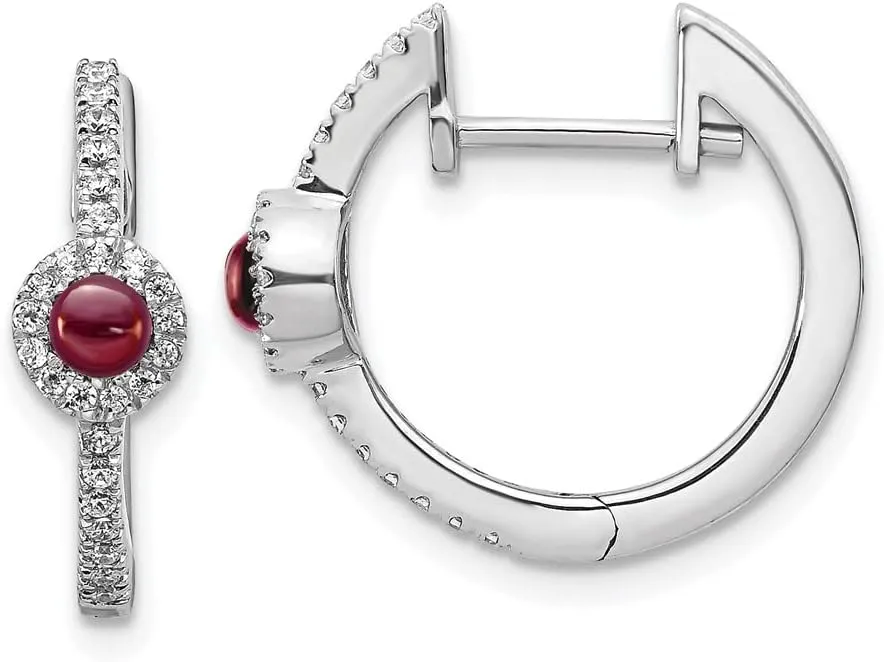 Solid Real 14k White Gold Diamond and Cabachon Garnet January Red Gemstone Huggie Earrings - 16mm x 17mm (.208 cttw.)