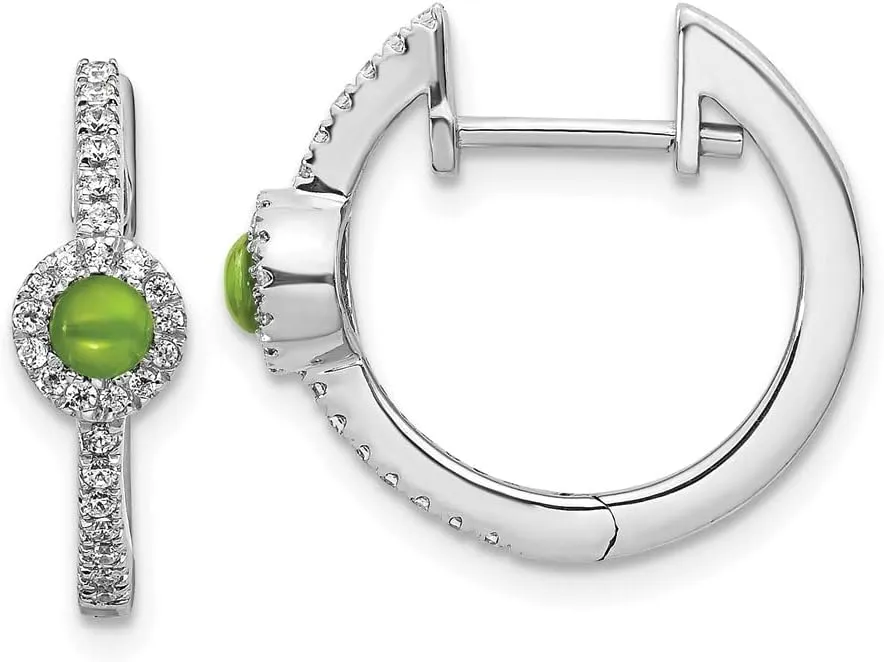 Solid Real 14k White Gold Diamond and Cabachon Peridot Green August Gemstone Huggie Earrings - 16mm x 17mm (.208 cttw.)