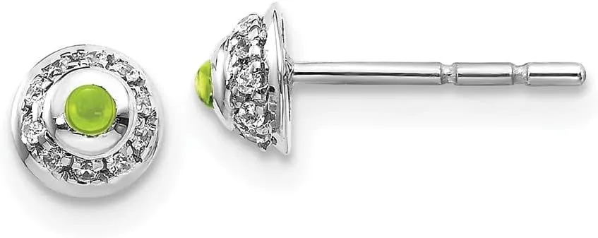 Solid Real 14k White Gold Diamond and Cabachon Peridot Green August Gemstone Studs Earrings 3mm (.08 cttw.)