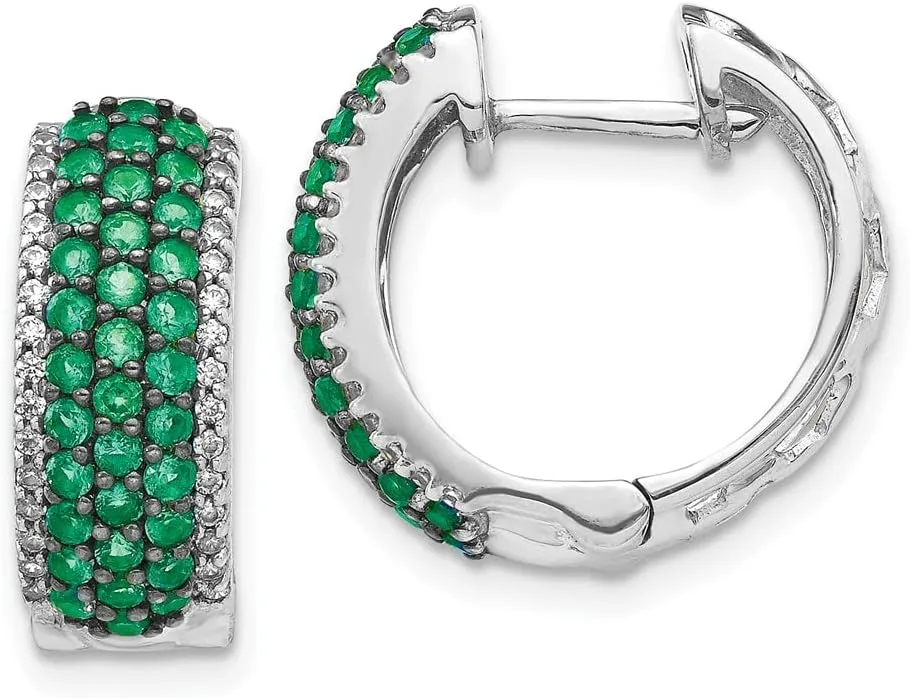 Solid Real 14k White Gold Diamond and Emerald Green May Gemstone Huggie Earrings - 17mm x 18mm (.24 cttw.)