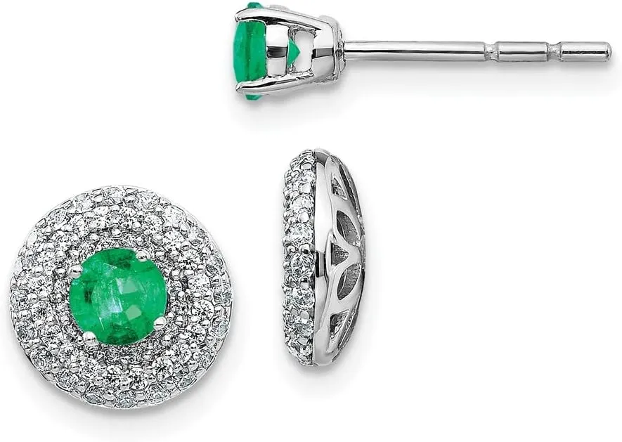 Solid Real 14k White Gold Diamond and Emerald Green May Gemstone Stud Jacket Earrings 9mm (.496 cttw.)