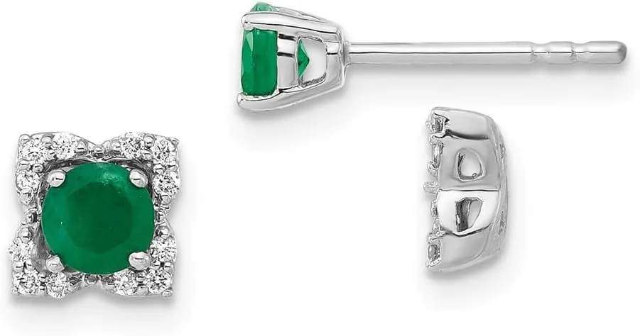 Solid Real 14k White Gold Diamond and Emerald Green May Gemstone Studs Earrings 6mm (.096 cttw.)
