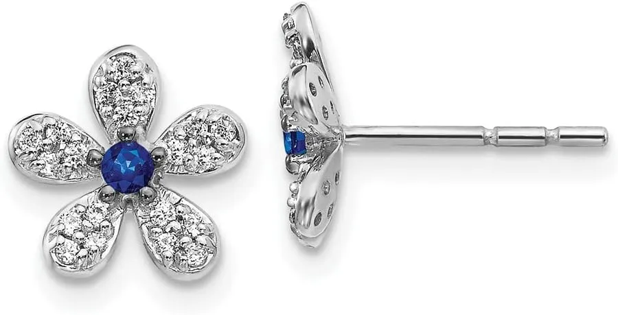 Solid Real 14k White Gold Diamond and Sapphire Blue September Gemstone Button Post Studs Earrings 9mm (.17 cttw.)