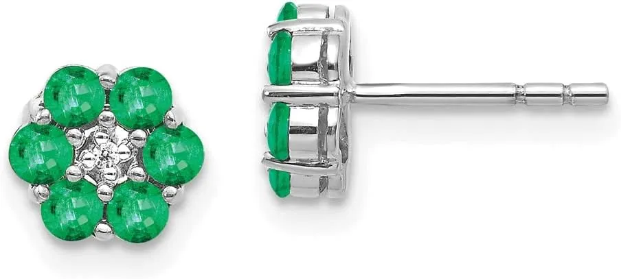 Solid Real 14K White Gold Emerald Green May Gemstone and Diamond Post Studs Earrings 6mm (.01 cttw.)